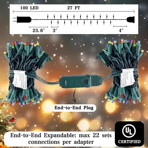 Vista 3 de Heyworld - 100 luces LED de parpadeo lento para Navidad, 5mm de ángulo amplio y brillo suave, certificadas por UL, 8.2 metros de tira de luces