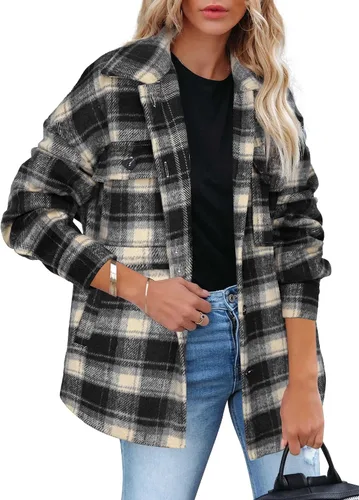Vista 7 de Beaully Chaqueta-Camisa de Franela a Cuadros para Mujer, Trajes de Otoño 2025, Camisa de Manga Larga con Botones, Chaqueta Abrigo con Bolsillos Negro