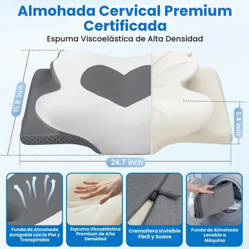 Vista 2 de Almohada cervical de cuello TranquilMoments para dormir, almohada de espuma viscoelástica para dormir de lado, almohadas ergonómicas para alivio