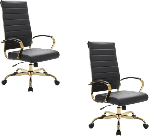 Vista 23 de LeisureMod Silla de oficina moderna de cuero con respaldo alto, silla de escritorio ejecutiva giratoria y ajustable con marco dorado, diseño Blanco
