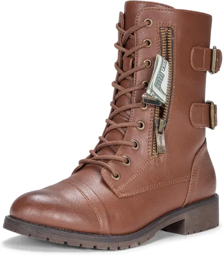 Vista 14 de Vepose Botas de combate para mujer, tacón bajo, botas militares a media pantorrilla con bolsillo para tarjetero, cuchillo y cartera