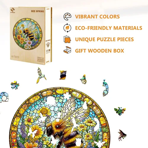 Vista 6 de Rompecabezas de madera para adultos, rompecabezas de madera de abeja de primavera para adultos, rompecabezas de madera único con forma de animal