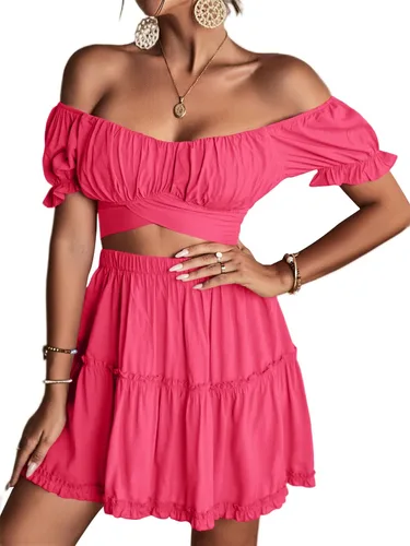 Vista 3 de LYANER Conjunto de 2 piezas para mujer con estampado floral y hombros descubiertos y minifalda