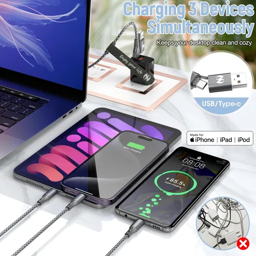 Vista 4 de Cable de carga múltiple de 4 pies, paquete de 3 cables trenzados 3 en 1 con certificación MFi de Apple