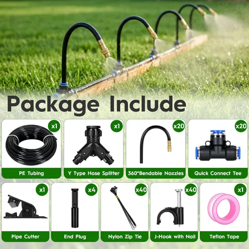 Vista 7 de Kit de sistema de riego por goteo ajustable de 360° de 100 pies, tubo de polietileno de 1/4 de pulgada con 20 boquillas flexibles, sistema