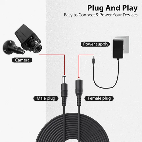 Vista 5 de cctv cable de extensión para circuito cerrado de televisión, 10 m (30 pies), 2.1 x 5.5 mm, 12 V CC, cámara IP Dvr independiente