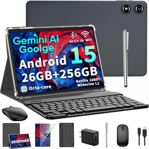 Vista 10 de Tableta Android 15 de 10 pulgadas 2026 con teclado, 26 GB+256 GB, expansión de 2 TB, tablet PC Gemini AI con octa-Core, 8000 mAh, WiFi 5G, GPS, GMS