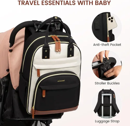 Vista 4 de LOVEVOOK mochila para pañales de gran capacidad, Beige Marrón Negro, Classic