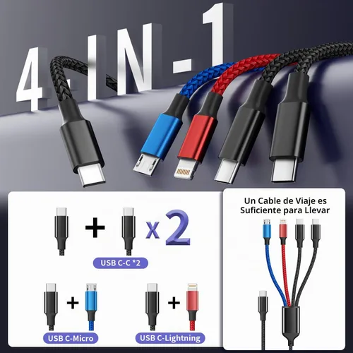 Vista 2 de Cable de carga USB C a 4 en 1 con doble puerto tipo C de 5 pies, cable de carga múltiple para múltiples dispositivos, cables USB con puerto
