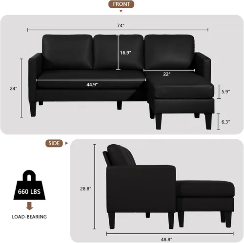Vista 2 de LEISU - Sofá seccional de cuero en forma de L con diván y sofás convertibles Sectional Sofa Couch for Small Space, Modern Modular Furniture Sets
