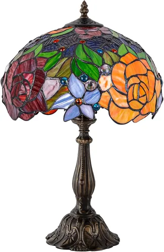 Vista 7 de Tiffany Style Stained Glass Table Lamp, Floral Pattern Desk Light with Antique Bronze Resin Base, Red Roses Decorative Lighting for Bedroom, Living