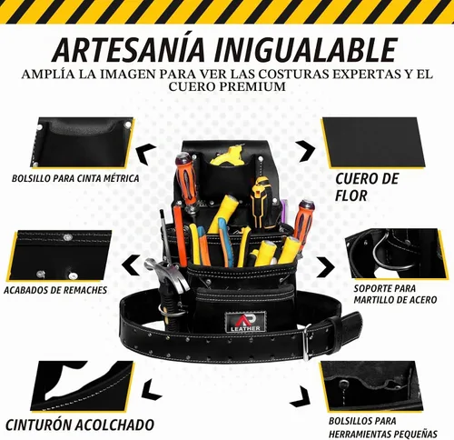 Vista 4 de Bolsa de herramientas de cuero AP LEATHER Pro-015 para construcción, resistente, con soporte para martillo, hebilla, 3 bolsillos grandes