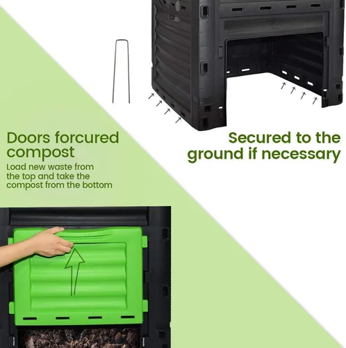 Vista 4 de Contenedor de compostaje estático de gran capacidad de 80 galones (300 litros), compostador de residuos verde bosque para exteriores con escotilla
