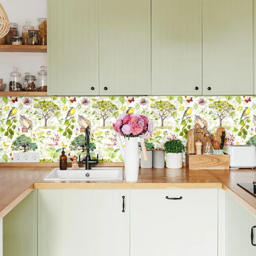 Vista 3 de Blooming Wall Papel tapiz autoadhesivo removible con diseño de animales en bosque verde