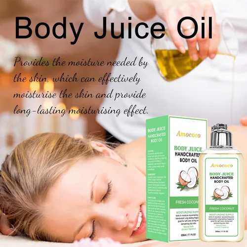 Vista 2 de Aceite de jugo corporal, fragancia de coco fresco, aceite corporal hidratante hecho a mano, 7.1 onzas líquidas