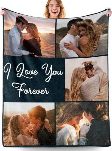 Vista 11 de Manta personalizada con fotos, manta personalizada con fotos con texto en inglés "I Love You", regalo de cumpleaños para novia, novio, esposa