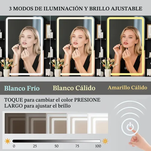 Vista 4 de Escritorio de tocador con espejo iluminado HD y luces, pequeño tocador de maquillaje acanalado con cajones y estantes de almacenamiento, juego