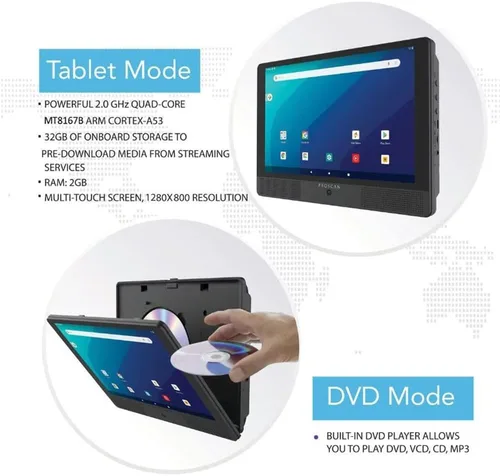 Vista 6 de Proscan Elite 10.1" 1280x800 IPS, Quad Core Tablet/DVD portátil Combo 2GB/32GB Almacenamiento Android 11, cámara frontal de 2 mp, 1 puerto HDMI