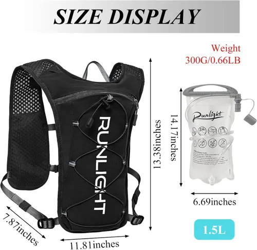Vista 2 de Runlight Chaleco para correr para mujeres y hombres, mochila ligera de hidratación con bolsa de vejiga de agua de 1.5L, mochila diurna hidro