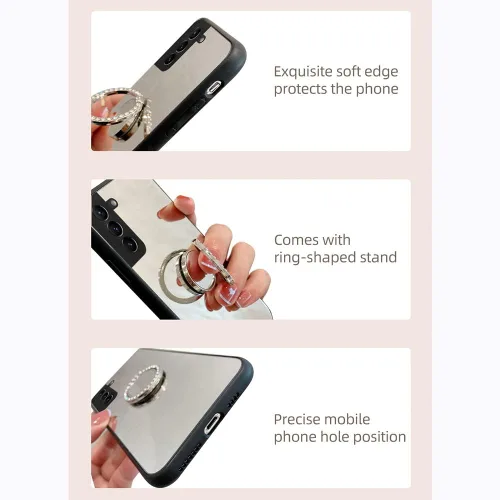 Vista 4 de Funda de espejo compatible con Samsung Galaxy A12 5G, carcasa rígida de policarbonato TPU con soporte de anillo de diamante, agarre de dedo, soporte