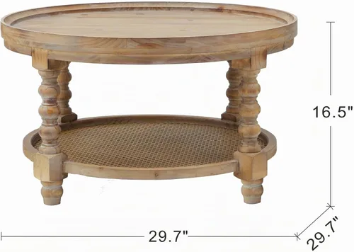 Vista 2 de Mesa de centro redonda de madera rústica de 29.7 pulgadas de 2 niveles con 29.7''-Rustic Natural
