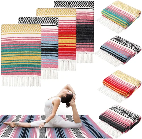 Vista 8 de Oudain 4 mantas mexicanas tejidas a mano a granel, manta de yoga mexicana colorida falsa serape, manta tejida bohemia para acampar al aire libre