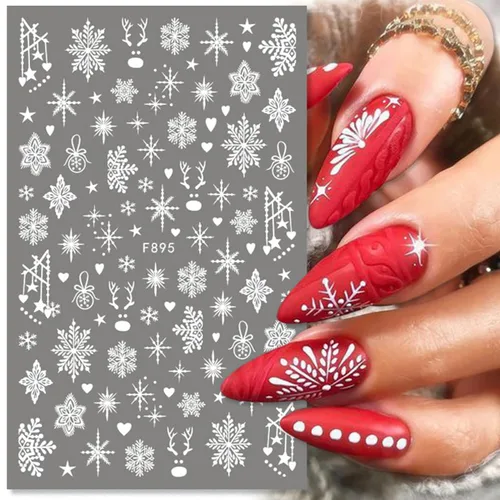 Vista 2 de Calcomanías de arte de uñas de copo de nieve, calcomanías de copo de nieve blanco 3D, diseños de Navidad, calcomanías de uñas autoadhesivas