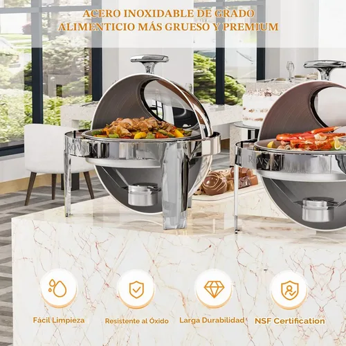 Vista 3 de ROVSUN Juego de Chafing Dish de Buffet con Tapa Enrollable, 6 QT Chafer Redondo de Acero Inoxidable para Catering, Servidores de Buffet y Plateado