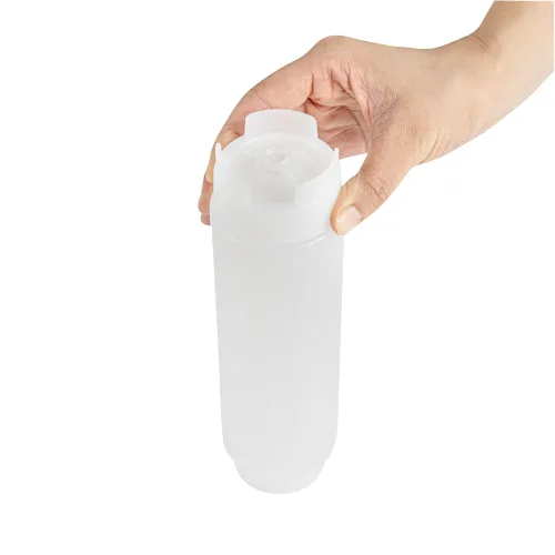 Vista 10 de Restaurantware Botella de presión invertida de plástico de 16oz. FIFO con tapas de recarga y dispensación - Primero en entrar, primero en salir