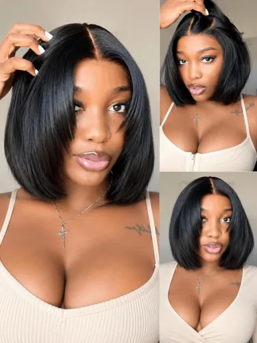 Vista 28 de UNICE Yaki Peluca Bob Recta de Cabello Humano con Cordón Adiós Nudos Sin Pegamento 7x5 Pelucas Frontales de Encaje de Cabello Humano Pre Desplumadas