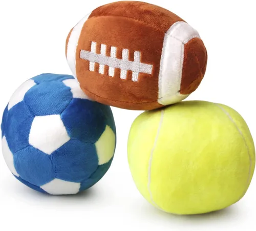 Vista 7 de Pelotas interactivas para perros, paquete de 2 pelotas de juguete chirriantes de felpa para perros, pelota de juguete para perros de fútbol y rugby