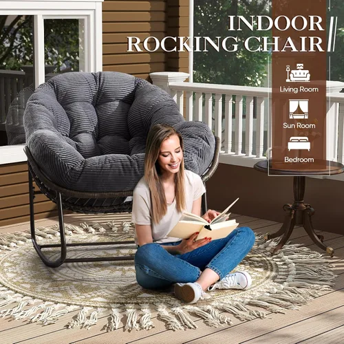 Vista 5 de Mecedora de gran tamaño para interiores, cómoda silla mecedora de pana con cojín grueso y marco, silla mecedora grande de mimbre para sala de estar
