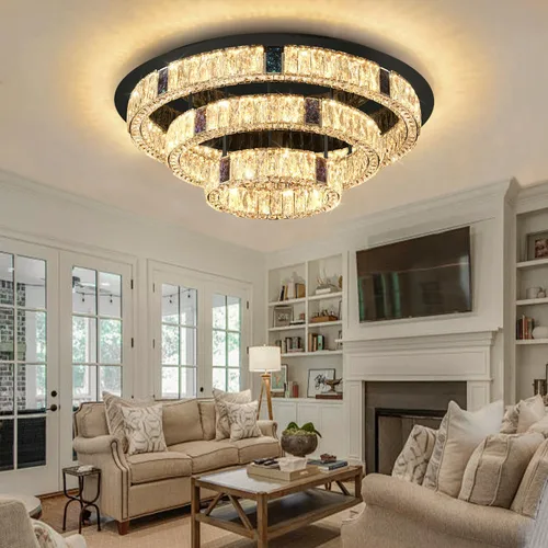 Vista 4 de Candelabro de cristal LED moderno de 32 pulgadas para sala de estar, lámpara redonda de cristal de 3 niveles, lámpara de techo de cristal negro