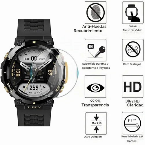 Vista 2 de Lamshaw - Protector de pantalla compatible con Amazfit T-Rex 2 con funda, película de vidrio templado de cobertura completa + funda protectora de 2