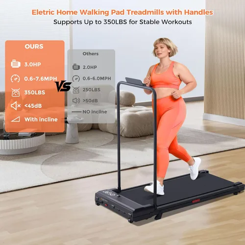 Vista 3 de Walking Pad Treadmill with Handle Bar, Portable Small Treadmill for Home, 2026 Upgrade Compact Walking Treadmill with Handles, 3.0HP Under Desk