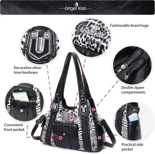 Vista 6 de Angelkiss - Bolsos y bolsos de mano para mujer de cuero vegano lavado bolso cruzado estilo hobo