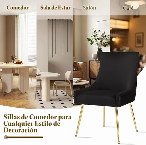Vista 8 de adochr - Juego de 2 sillas de comedor de terciopelo con patas de metal dorado, color negro