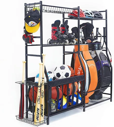 Vista 8 de WALMANN Organizador de equipo deportivo de garaje, soporte para bolsa de golf para almacenamiento de pelotas de garaje, estante de almacenamiento