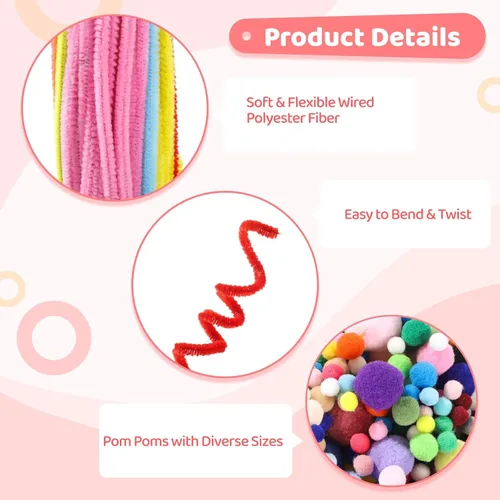 Vista 2 de 900+ Pcs Pipe Cleaners Kit, Chenille Stems with Colorful Pom Poms for DIY Art and Craft Supplies, Creative Handmade Set for School Projects
