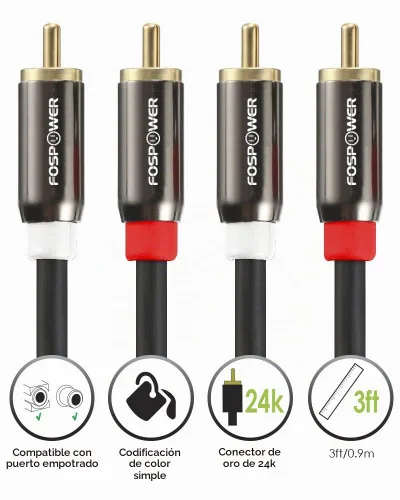 Vista 5 de FosPower Cable 2 RCA M/M de audio estéreo [24 K chapado en oro núcleo de cobre], conector 2RCA macho a 2RCA macho [izquierda / derecha]