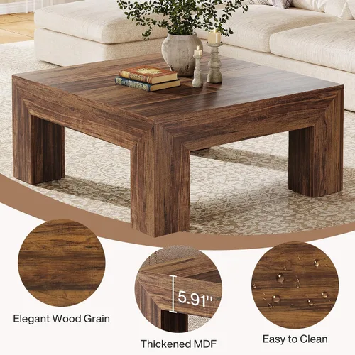 Vista 5 de Tribesigns Mesa de centro de 39.4 pulgadas cuadrada para sala de estar, mesa de té y cóctel estilo granja toda de MDF con patas de madera Marrón