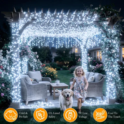 Vista 6 de Tira de luces de Navidad para interiores y exteriores, impermeable, 200 luces LED, 66 pies, 8 modos, luz blanca fría, para decoraciones de la casa