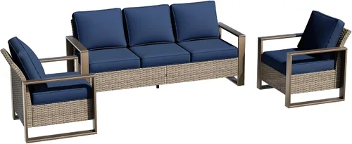 Vista 35 de Sofá de Mimbre Metálico para Patio de 75", Sofá Sillón de Ratán para Exteriores de 3 Asientos para Todo Tipo de Clima con Cojines Premium