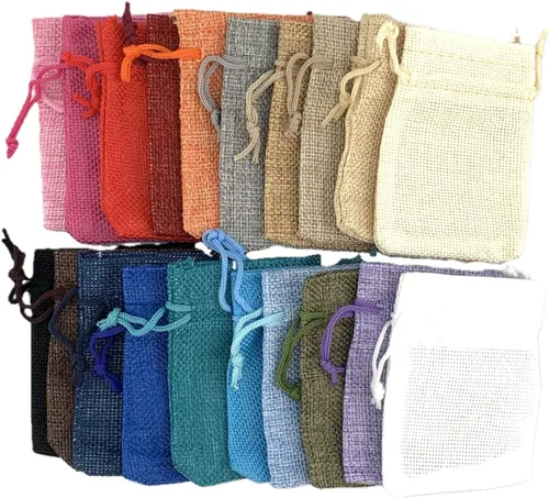 Vista 2 de Palmhomee Paquete de 20 bolsas de regalo de arpillera con cordón, bolsas de joyería de lino, bolsas de yute de boda para joyas y bolsas