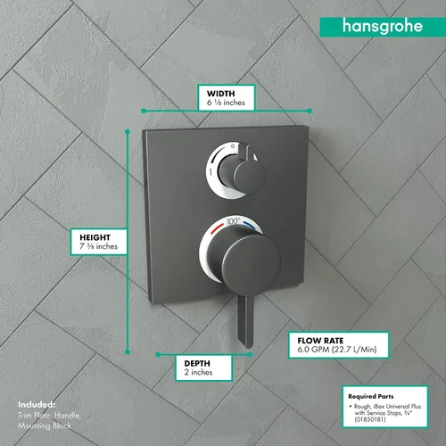 Vista 4 de hansgrohe Ecostat 15714341 - Válvula de ducha termostática cuadrada moderna con control de temperatura y desviador en cromo negro cepillado Cromo