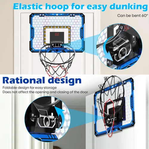 Vista 4 de Indoor Basketball Hoop for Kids, Over The Door Mini Basketball Hoop Set with LED Lights, Scoreboard, 4 Balls & Sound Effects - Indoor Toys Gift for