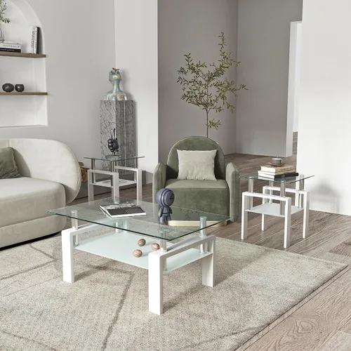 Vista 5 de Juego de 3 mesas auxiliares de cristal para sala de estar, mesa auxiliar de sofá con almacenamiento, patas de metal negro, mesa central rectangular