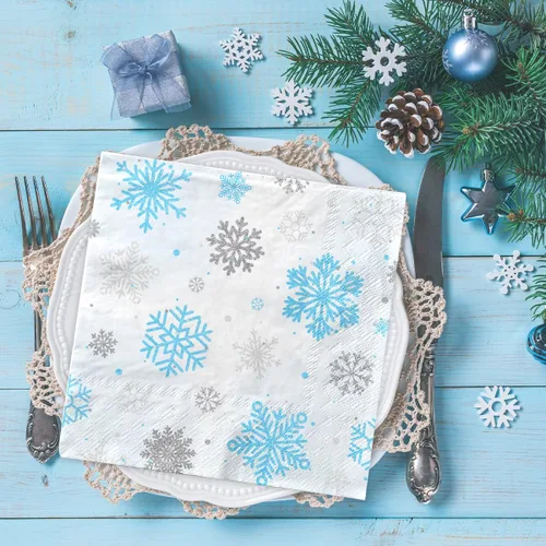 Vista 4 de Servilletas de invierno con copos de nieve para decoración de fiesta, diseño de copo de nieve de invierno, azul y blanco del país de las maravillas