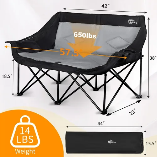 Vista 3 de Bolosy Silla de Camping para 2 Personas Silla de Camping Loveseat Silla de Camping Doble Plegable Extra Grande Silla de Camping Resistente Silla