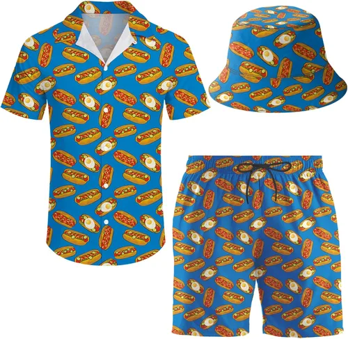 Vista 34 de Conjunto deportivo de 2 piezas para hombre, camisa hawaiana, pantalones cortos, camisa con botones y pantalones cortos con sombreros de pescador